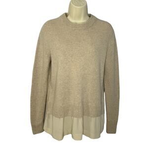 JOSEPH Wool Cashmere Crew Neck Sweater with Silk Undershirt Trim Tan Classic S